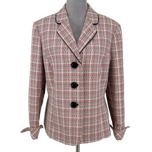 Le Suit Jacket Womens 16 Ivory Black Red Plaid Lined Blazer Cuff Sleeves Preppy
